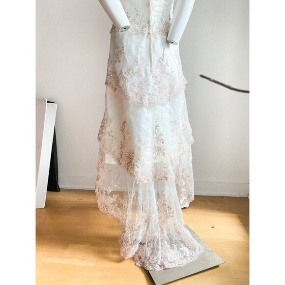 Jade Daniels Ivory Pink Beaded Lace Accent Strappless High Low Dress M - Picture 8 of 10